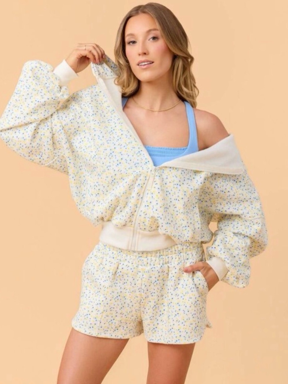 Blogilates Women’s Mommy & Me Marshmallow Full Zip Hooded Sweatshirt WhiteFloral